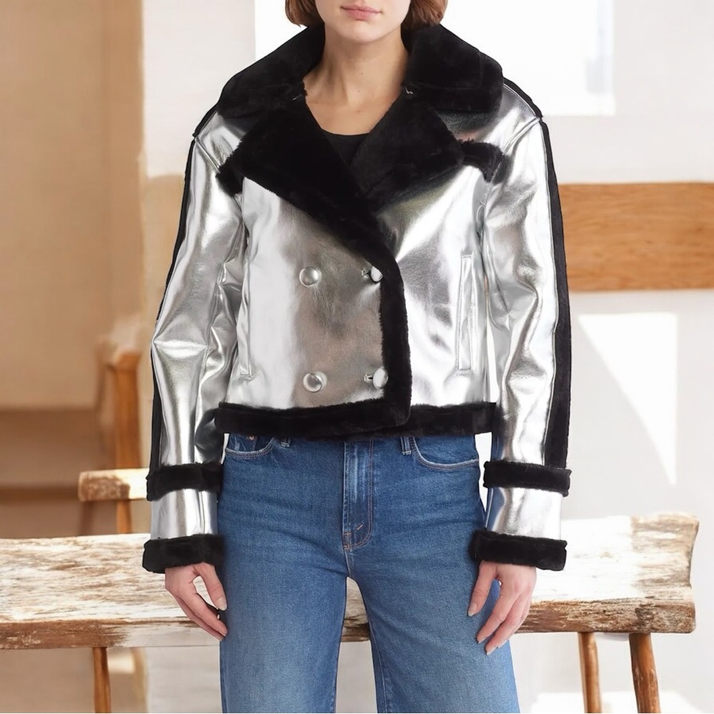 Vigoss Metallic Silver and Black Leather Jacket